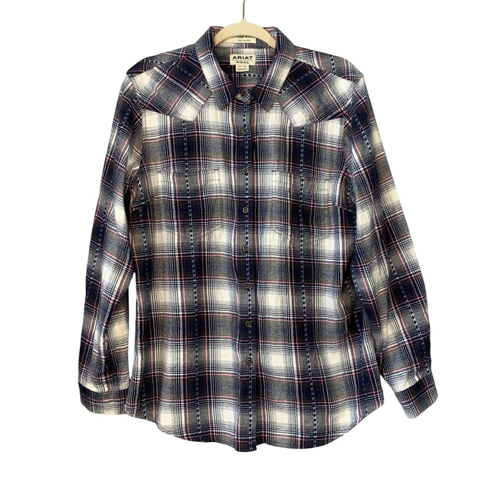 Ariat REAL Womens Plaid Flannel‎ Shirt Relaxed Fit Button Up Pink Blue XL
